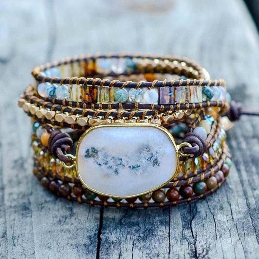 "bracelet wrap agate et jaspe pour les femmes, bijou lithothérapie Bulle d'Âme favorise l'ancrage et la confiance en soi"