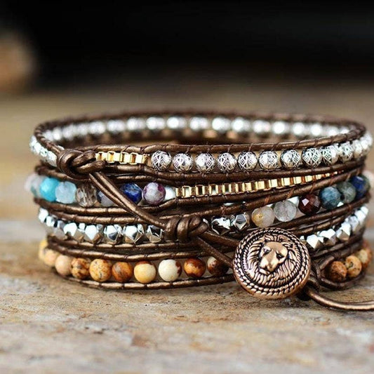 Bracelet wrap bulledame, jaspe terreux en cuir véritable, marron fait main, ancrage , équilibre intérieur, spiritualité, lithothérapie, pierres naturelles