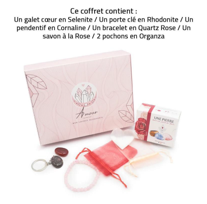 "Coffret Amour : pierres naturelles (Quartz Rose, Cornaline, Rhodonite, Sélénite), bracelet, pendentif, galet cœur et savon à la rose. Un cadeau bien-être unique."