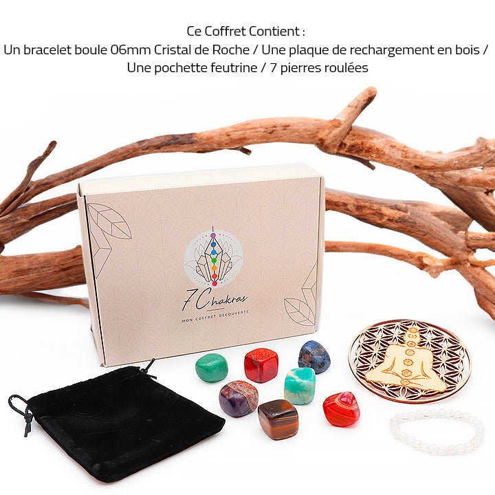 "Coffret découverte 7 chakras en précommande : pierres naturelles, bracelet cristal de roche et plaque fleur de vie. Un kit bien-être pour équilibrer vos énergies."