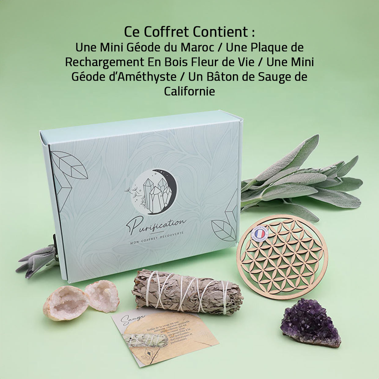 "Coffret Purification : sauge blanche, géodes d’améthyste & cristal de roche, plaque Fleur de Vie. Un rituel complet pour purifier vos énergies."