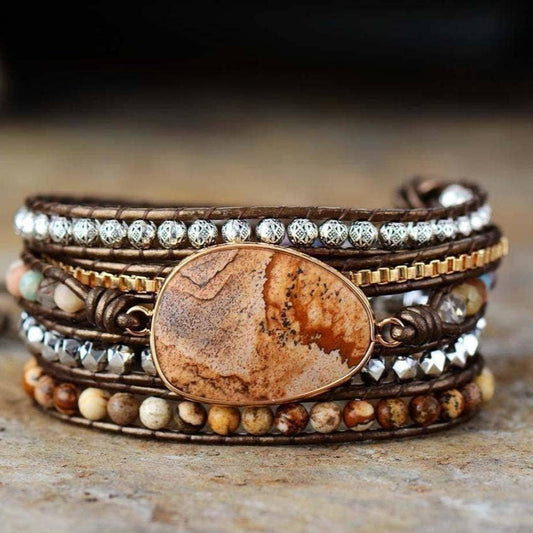 Bracelet wrap bulledame, jaspe terreux en cuir véritable, marron fait main, ancrage , équilibre intérieur, spiritualité, lithothérapie, pierres naturelles
