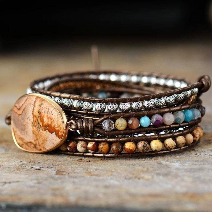 Bracelet wrap bulledame, jaspe terreux en cuir véritable, marron fait main, ancrage , équilibre intérieur, spiritualité, lithothérapie, pierres naturelles